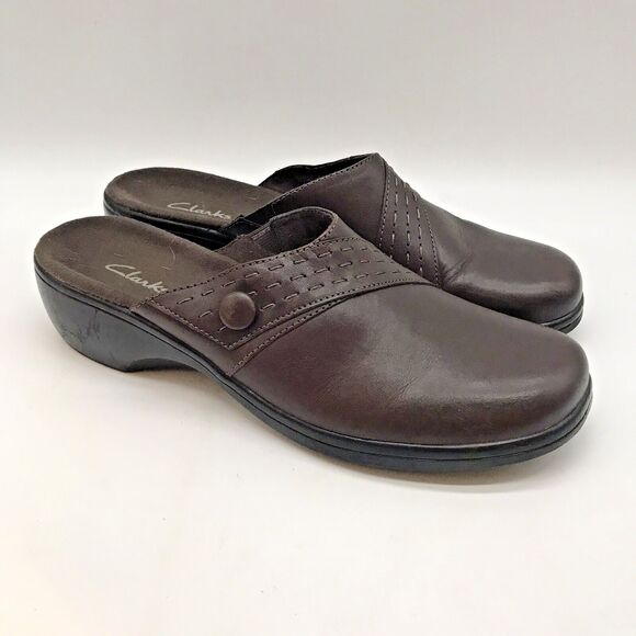Clarks Brown Leather Clogs Women's 9.5M Slip-On Wedge Round Toe Slides 84598 - Picture 1 of 12